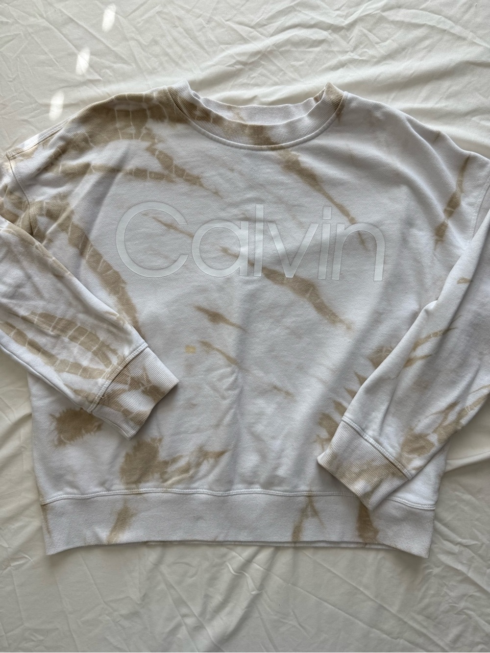 Calvin Klein Womens M White & Beige Tie-Dye Crewneck Sweatshirt Cozy Athleisure